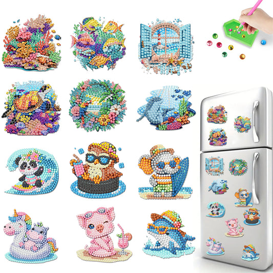 12PCS 2D Flat DIY Magnetic Refrigerator Stickers Diamond Art Kits for Home Decor