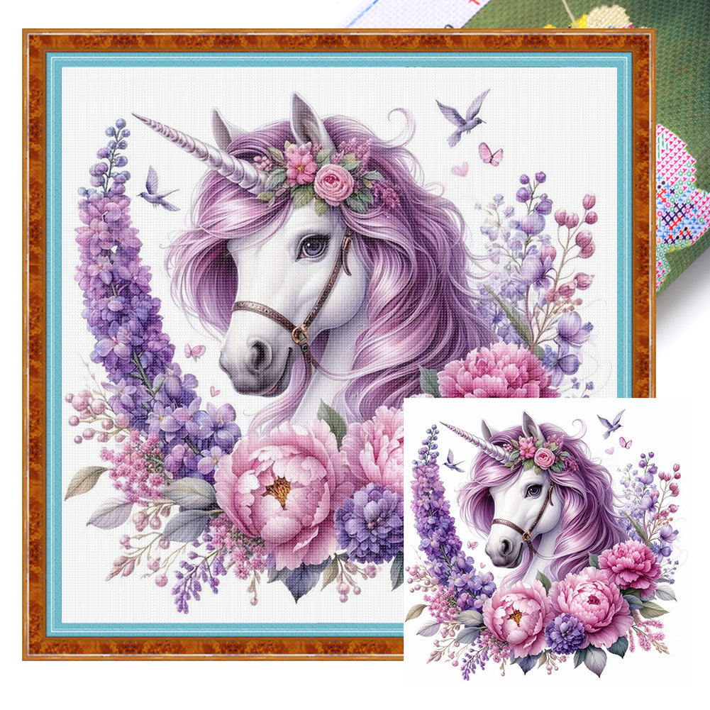 Unicorn With Flowers - 11CT Stamped Cross Stitch 40*40CM