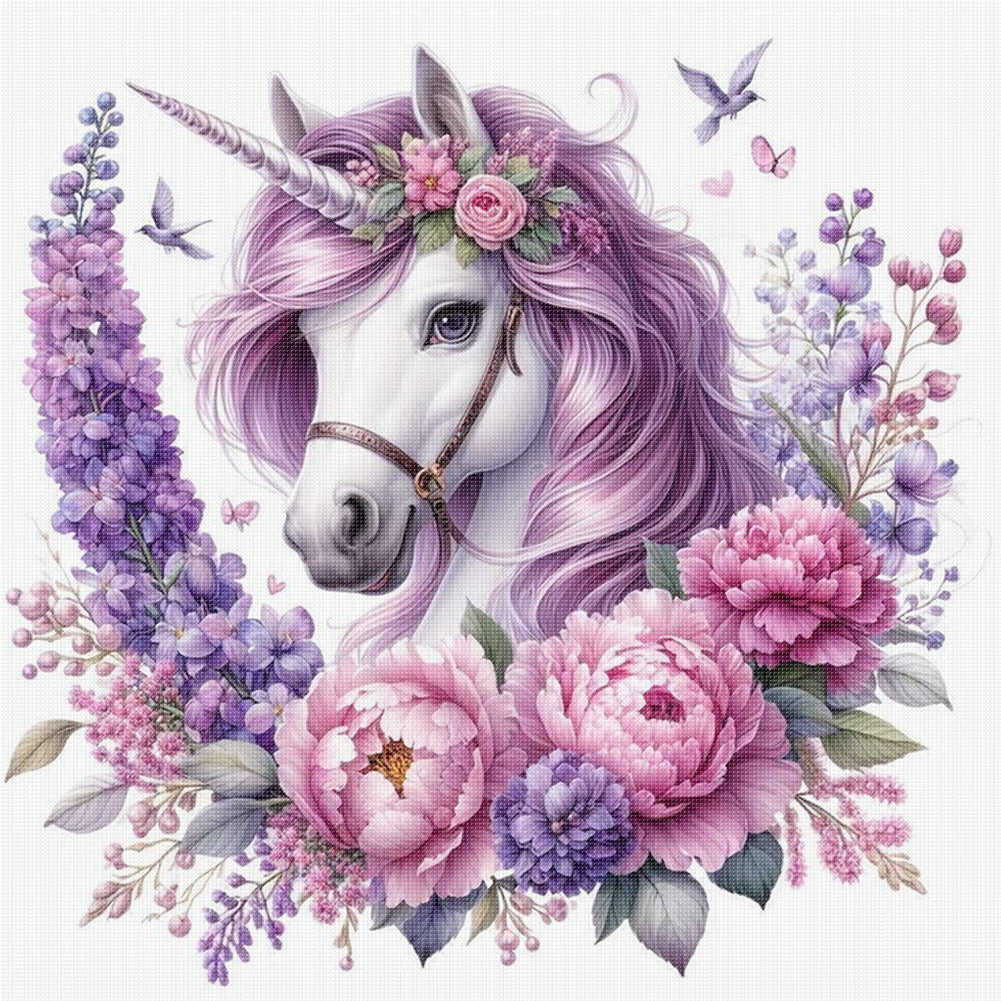Unicorn With Flowers - 11CT Stamped Cross Stitch 40*40CM