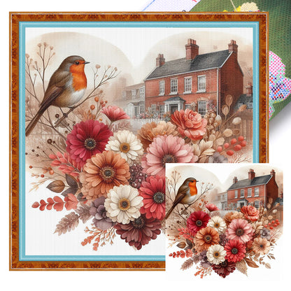 Robin With Heart Flowers - 11CT Stamped Cross Stitch 40*40CM