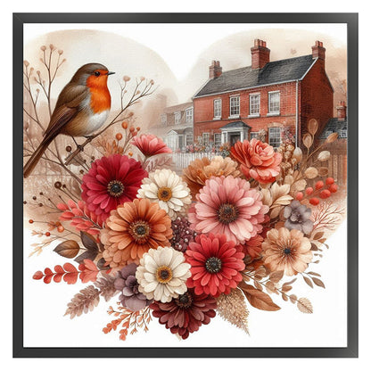 Robin With Heart Flowers - 11CT Stamped Cross Stitch 40*40CM