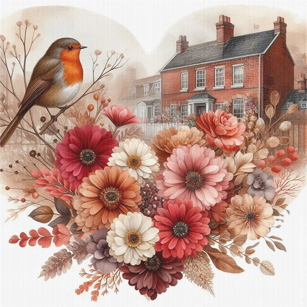 Robin With Heart Flowers - 11CT Stamped Cross Stitch 40*40CM