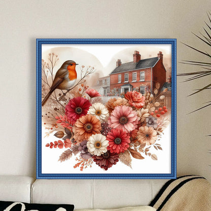 Robin With Heart Flowers - 11CT Stamped Cross Stitch 40*40CM