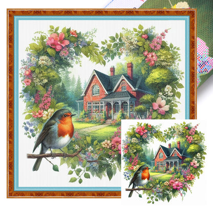 Robin With Heart Flowers - 11CT Stamped Cross Stitch 40*40CM
