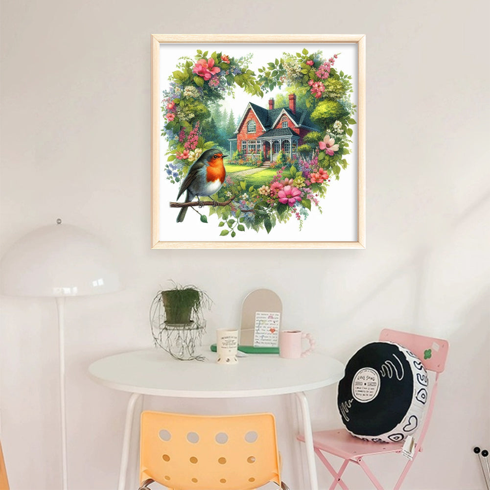 Robin With Heart Flowers - 11CT Stamped Cross Stitch 40*40CM