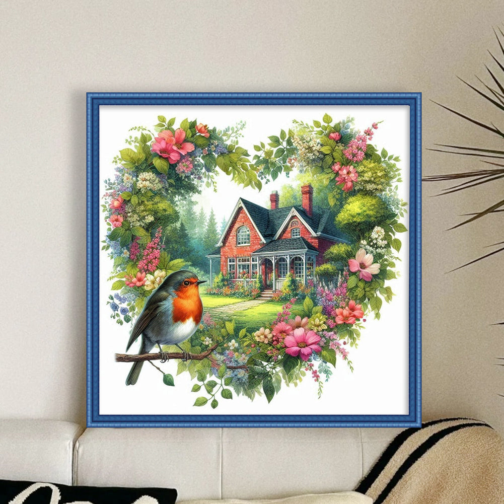 Robin With Heart Flowers - 11CT Stamped Cross Stitch 40*40CM