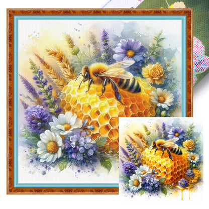 Bee With Flowers - 11CT Stamped Cross Stitch 40*40CM