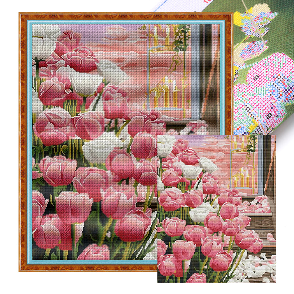 Tulips By Candlelight - 11CT Stamped Cross Stitch 53*66CM(Mona Lisa Brand Silk)