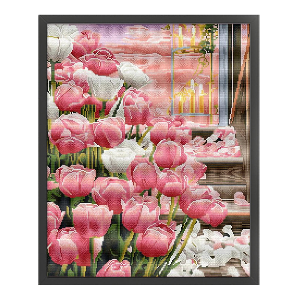 Tulips By Candlelight - 11CT Stamped Cross Stitch 53*66CM(Mona Lisa Brand Silk)