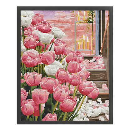 Tulips By Candlelight - 11CT Stamped Cross Stitch 53*66CM(Mona Lisa Brand Silk)