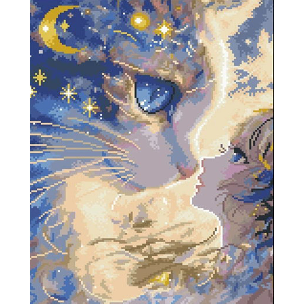 Cartoon Girl Cat - 11CT Stamped Cross Stitch 40*50CM(Mona Lisa Brand)