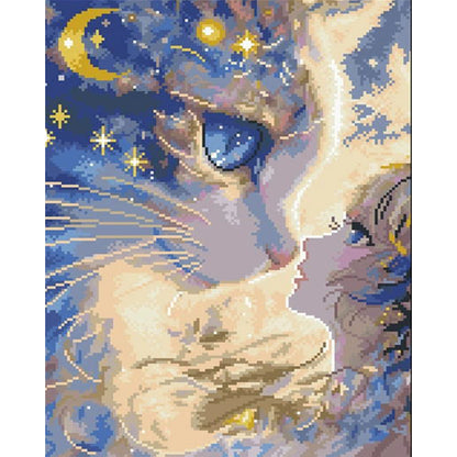 Cartoon Girl Cat - 11CT Stamped Cross Stitch 40*50CM(Mona Lisa Brand)