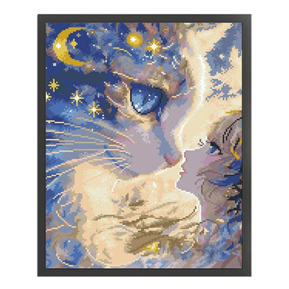 Cartoon Girl Cat - 11CT Stamped Cross Stitch 40*50CM(Mona Lisa Brand)