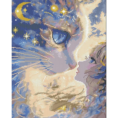 Cartoon Girl Cat - 11CT Stamped Cross Stitch 40*50CM(Mona Lisa Brand)