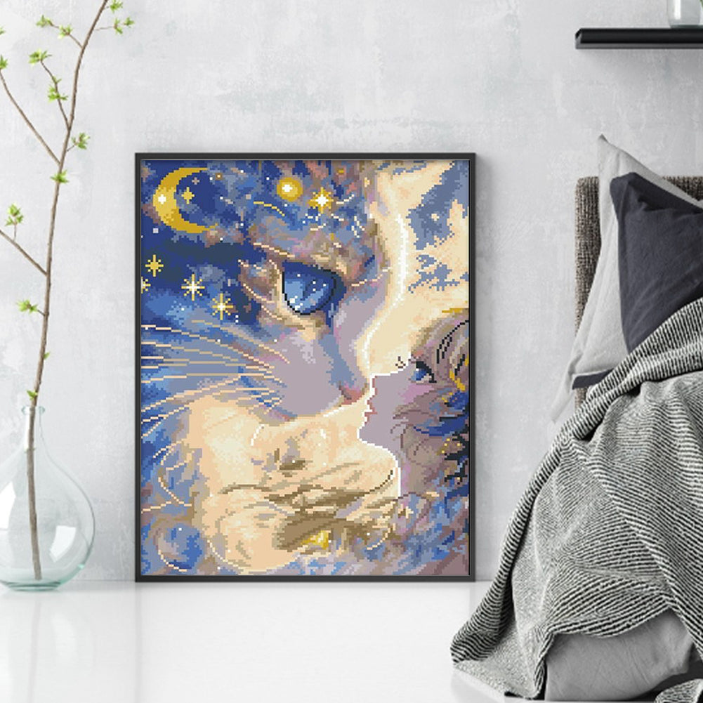 Cartoon Girl Cat - 11CT Stamped Cross Stitch 40*50CM(Mona Lisa Brand)