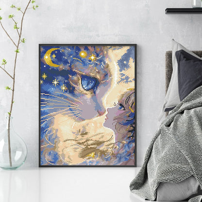 Cartoon Girl Cat - 11CT Stamped Cross Stitch 40*50CM(Mona Lisa Brand)