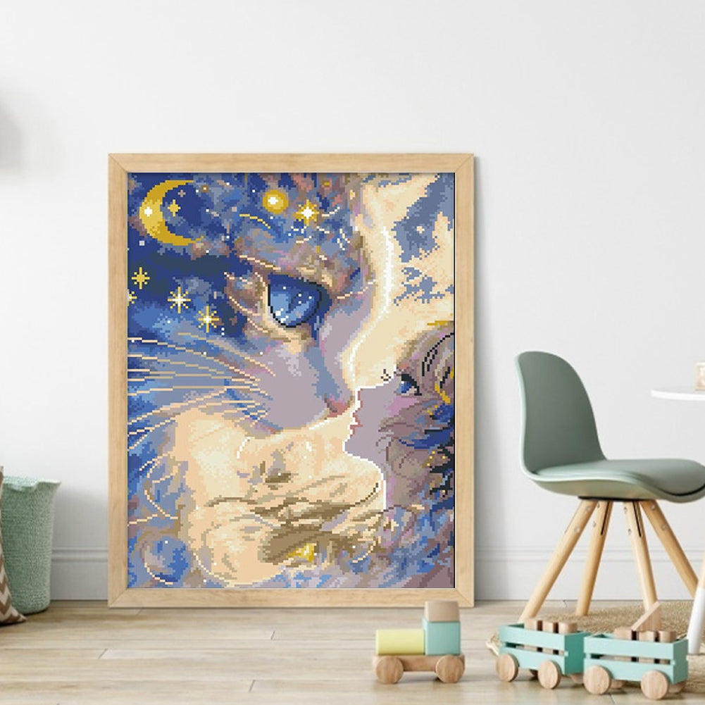 Cartoon Girl Cat - 11CT Stamped Cross Stitch 40*50CM(Mona Lisa Brand)