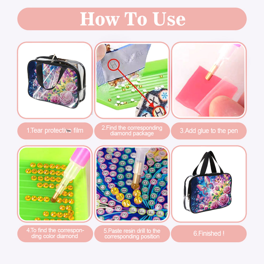 DIY Flowers Diamond Art Rhinestone Makeup Bag Transparent PVC Storage Pack Gift