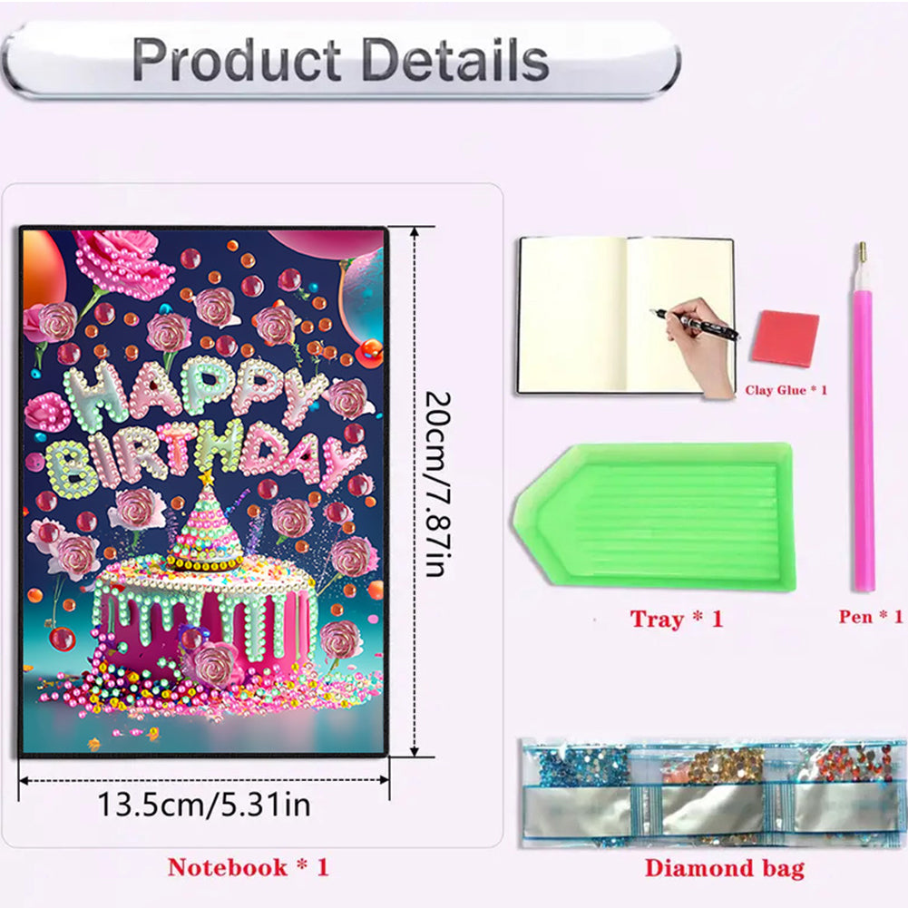 2pcs 50-Page A5 Birthday Cake Diamond Painting Notebook for Adults Holiday Gift