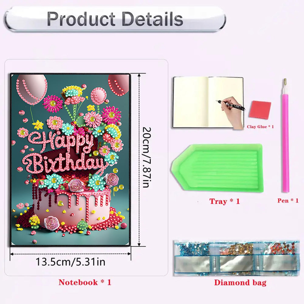 2pcs 50-Page A5 Birthday Cake Diamond Painting Notebook for Adults Holiday Gift