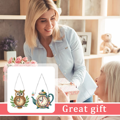 2Pcs Owl DIY Diamond Painting Ornament with Clock Function Home Craft Decor Art