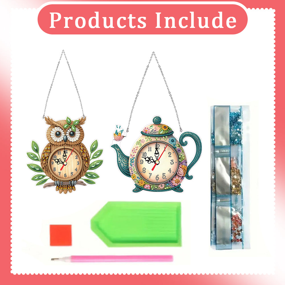 2Pcs Owl DIY Diamond Painting Ornament with Clock Function Home Craft Decor Art