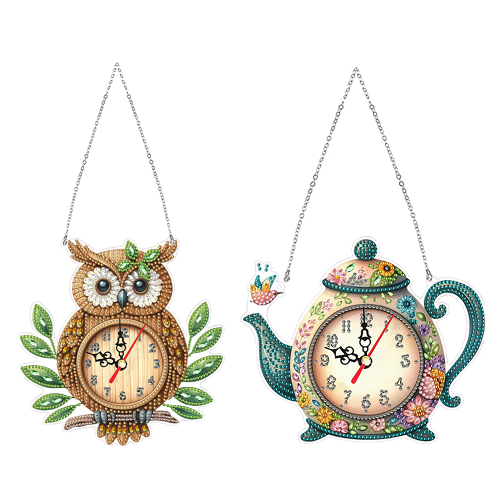 2Pcs Owl DIY Diamond Painting Ornament with Clock Function Home Craft Decor Art