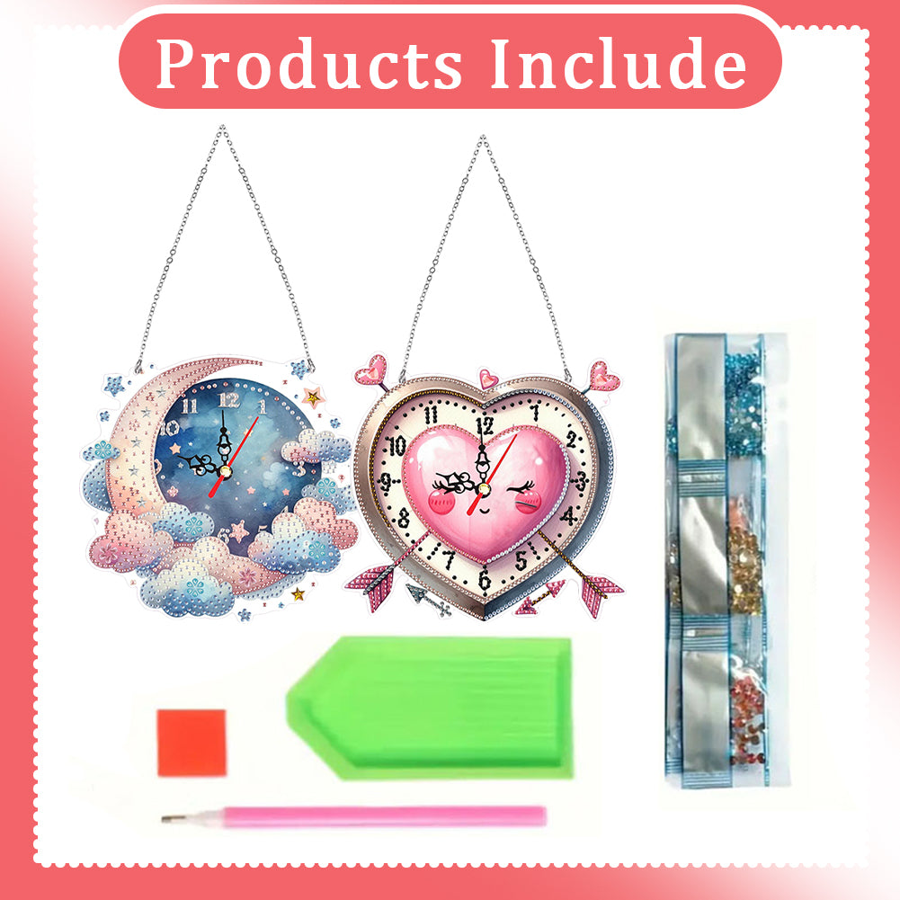 2Pcs Moon DIY Diamond Painting Ornament with Clock Function Home Craft Decor Art