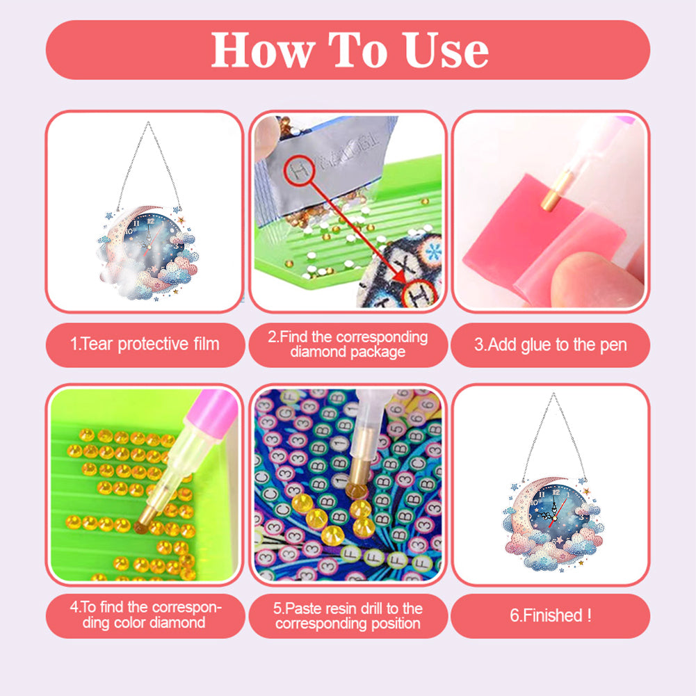 2Pcs Moon DIY Diamond Painting Ornament with Clock Function Home Craft Decor Art