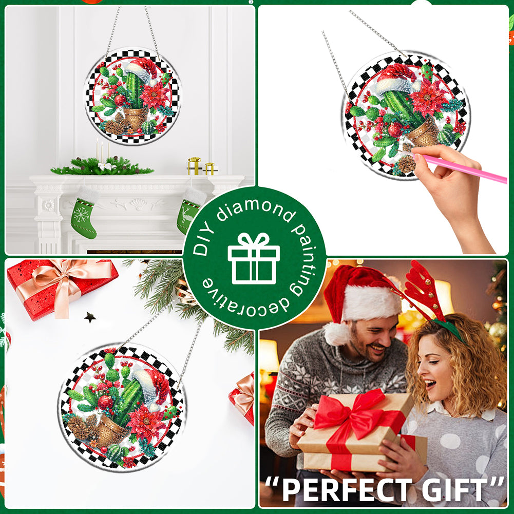 Acrylic 2D Flat DIY Christmas Cactus Diamond Art Pendant Wall Decoration