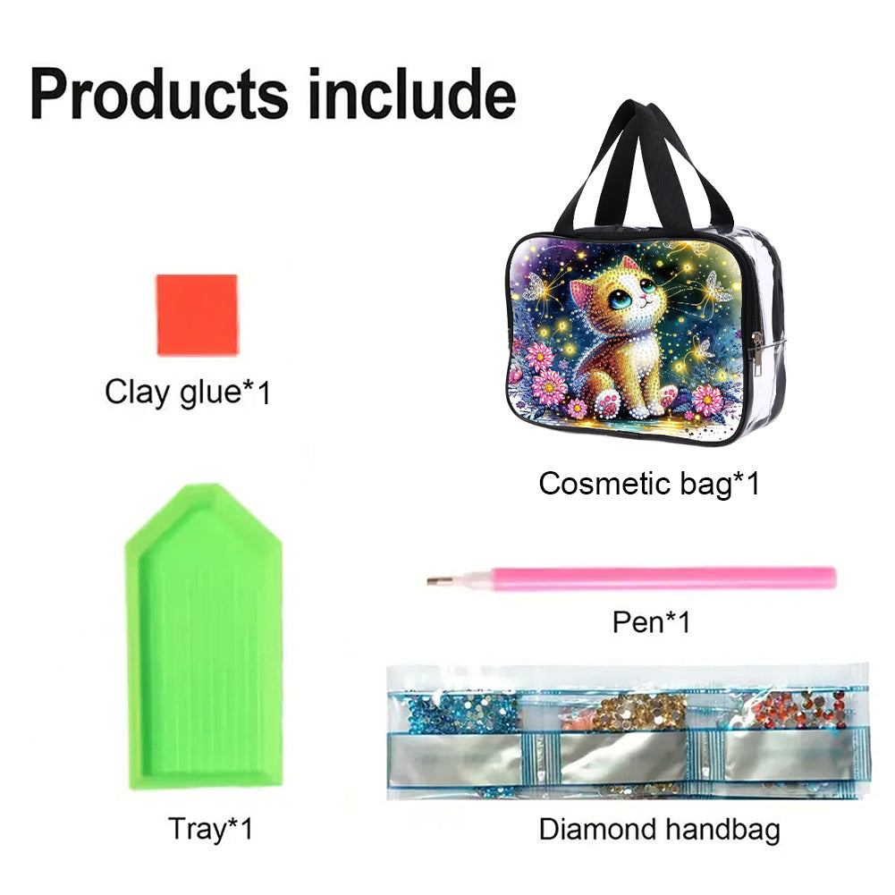 DIY Kitten Diamond Art Rhinestone Makeup Bag Transparent PVC Storage Pack Gift