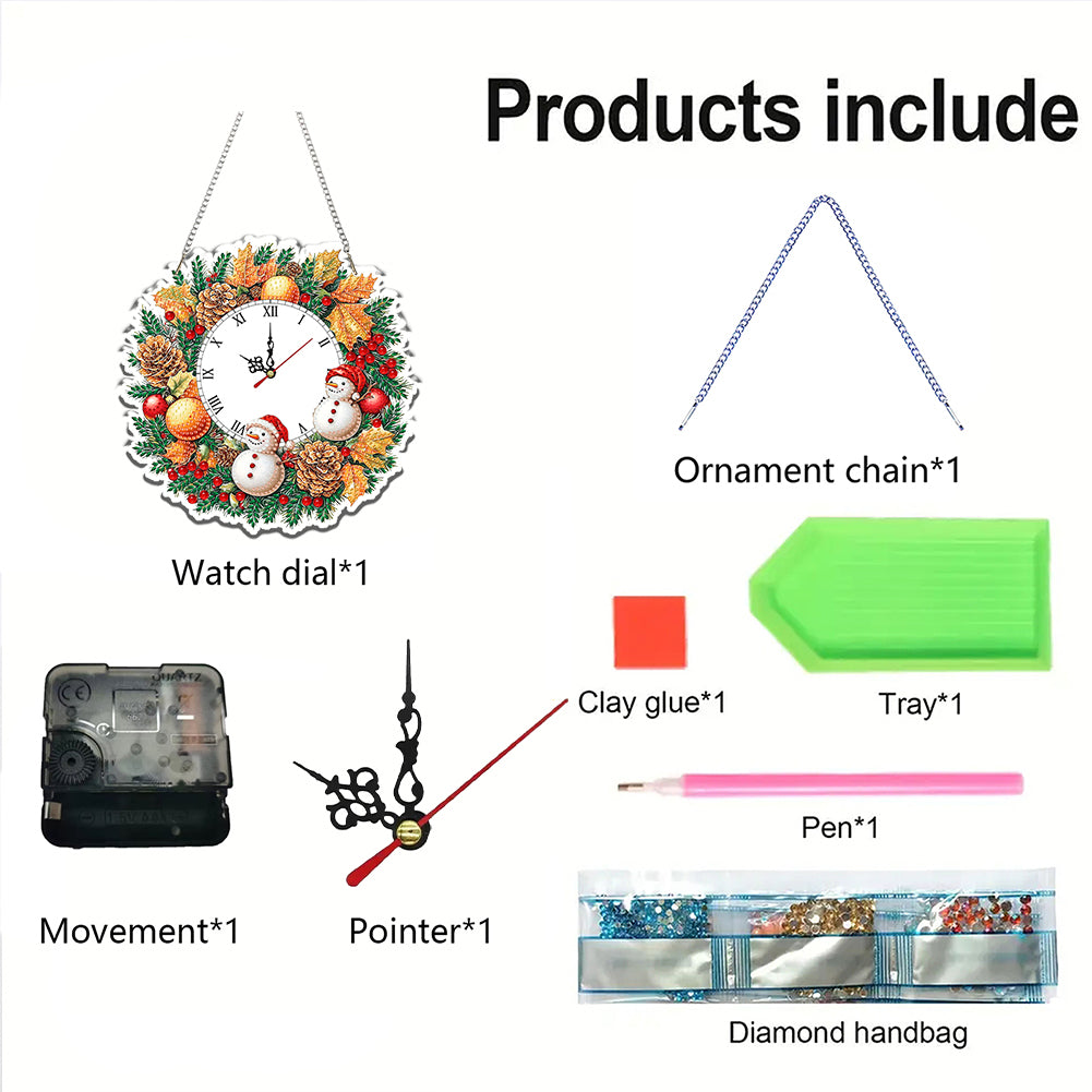 2D Flat DIY Christmas Acrylic Diamond Painting Clock Pendant for Home Decoration