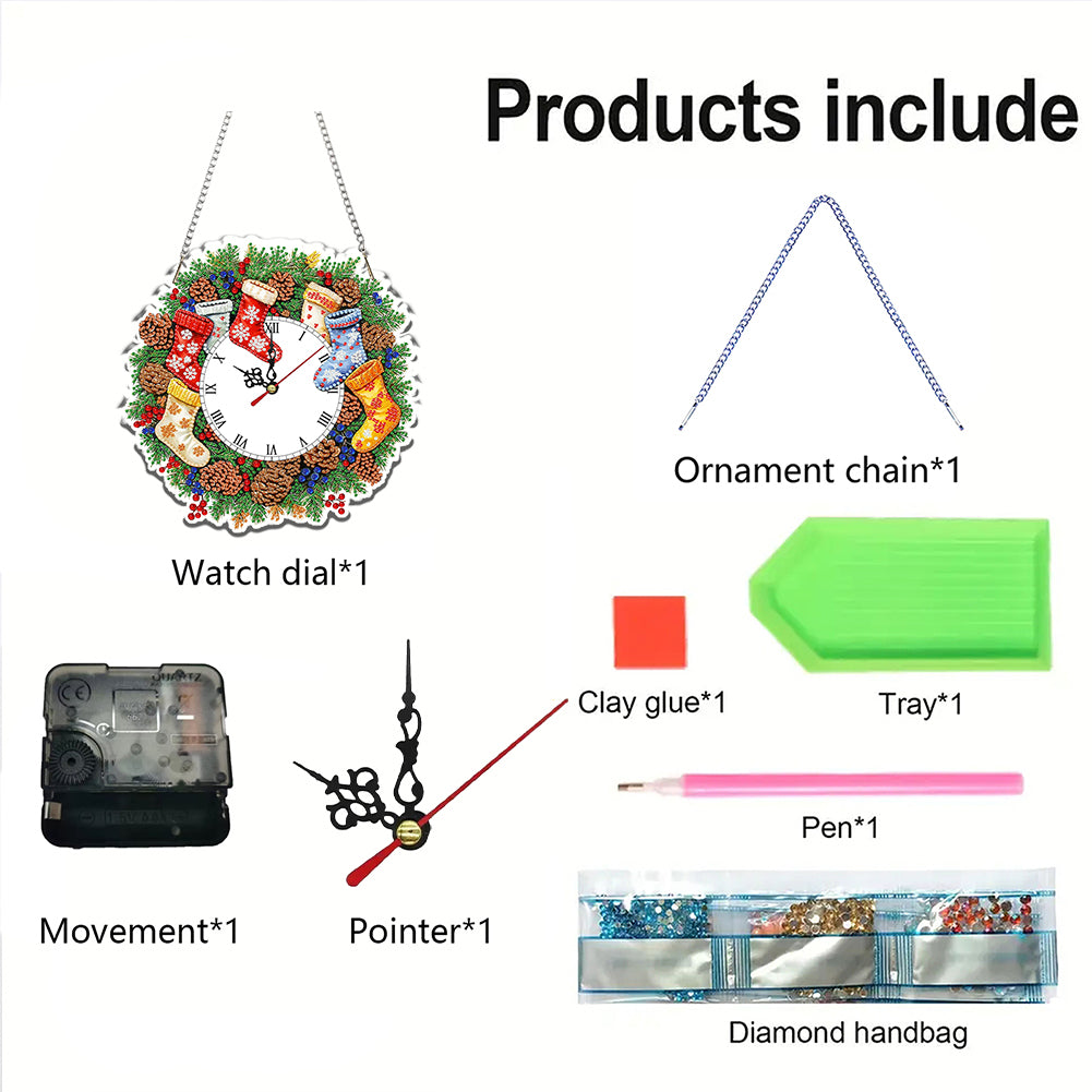 2D Flat DIY Christmas Acrylic Diamond Painting Clock Pendant for Home Decoration