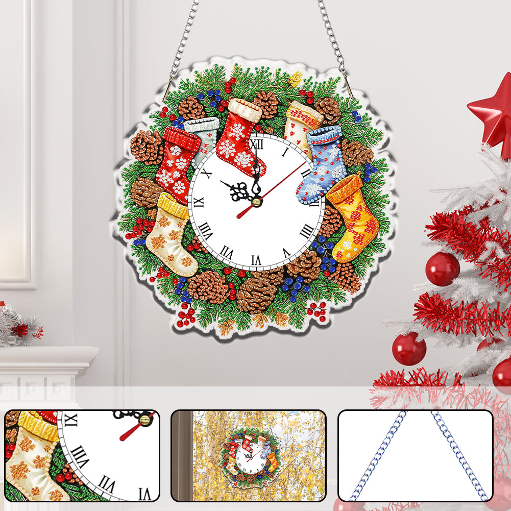 2D Flat DIY Christmas Acrylic Diamond Painting Clock Pendant for Home Decoration