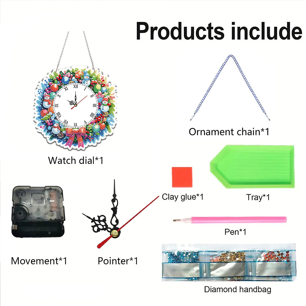 2D Flat DIY Christmas Acrylic Diamond Painting Clock Pendant for Home Decoration