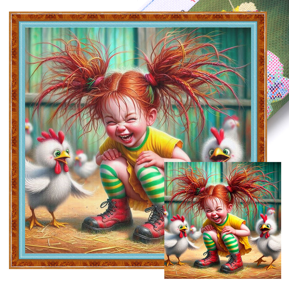 Girl And Chicken - 11CT Stamped Cross Stitch 40*40CM