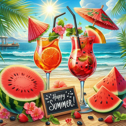 Summer Beach Watermelon Drink - Full Round Drill Diamond Painting 30*30CM