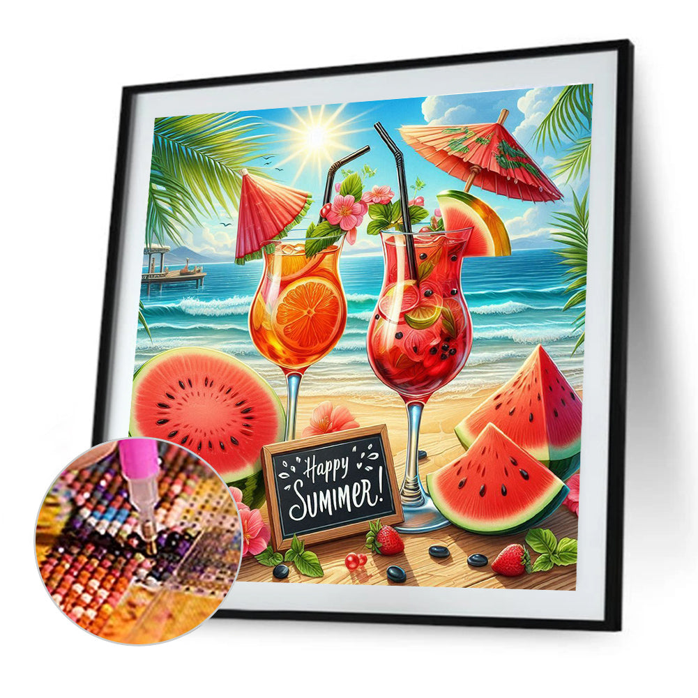 Summer Beach Watermelon Drink - Full Round Drill Diamond Painting 30*30CM