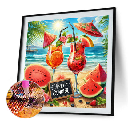 Summer Beach Watermelon Drink - Full Round Drill Diamond Painting 30*30CM