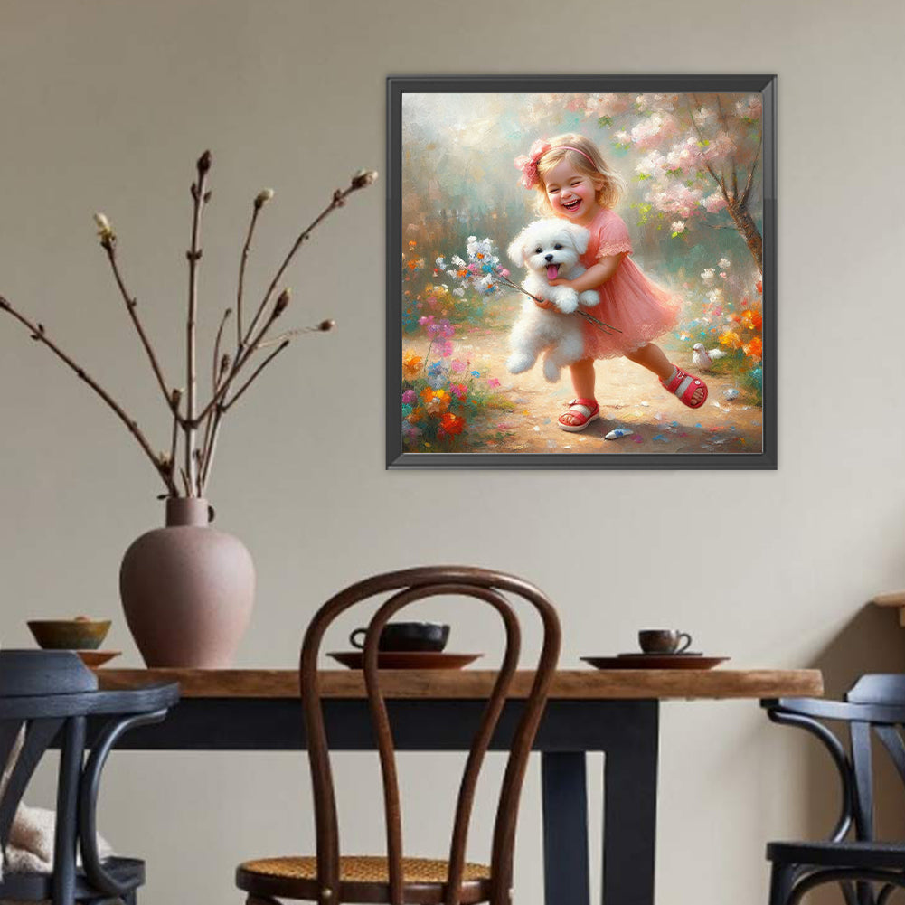 Dog And Little Girl - Full Round Drill Diamond Painting 40*40CM