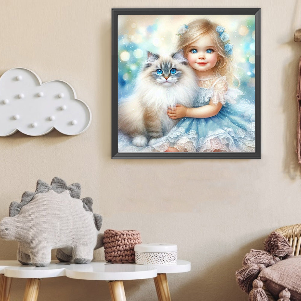 Cat And Little Girl - Full Round Drill Diamond Painting 40*40CM