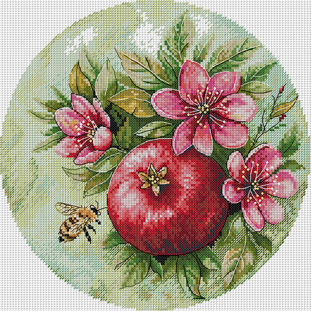 Pomegranate Blossoms And Bees - 11CT Stamped Cross Stitch 37*37CM(Joy Sunday)
