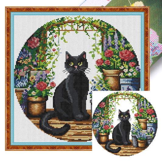 Black Cat In The Garden - 11CT Stamped Cross Stitch 37*37CM(Joy Sunday)