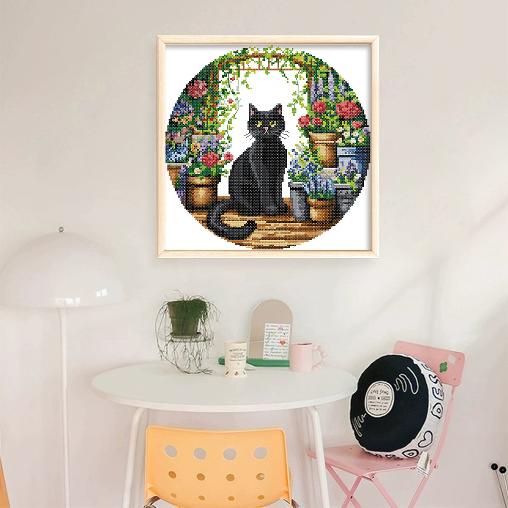 Black Cat In The Garden - 11CT Stamped Cross Stitch 37*37CM(Joy Sunday)