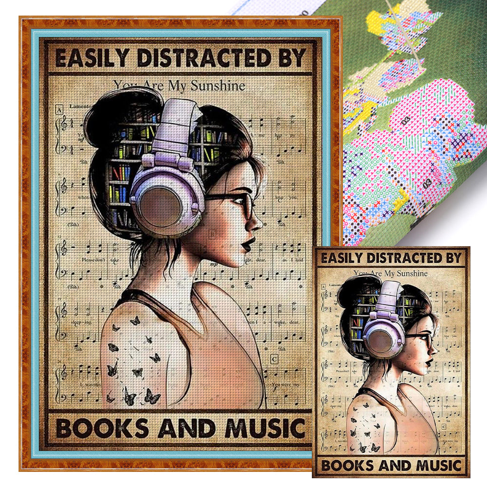 Girl With Headphones - 11CT Stamped Cross Stitch 40*60CM