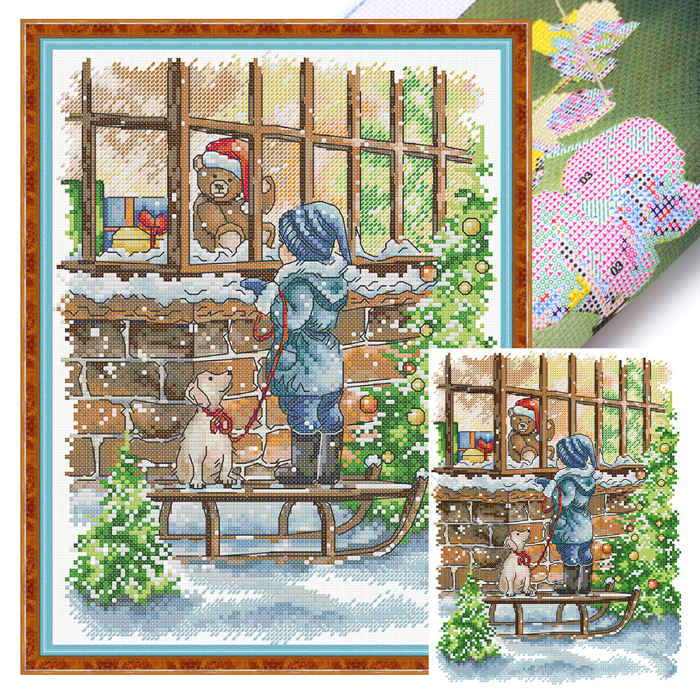 New Year'S Christmas Window Display - 14CT Stamped Cross Stitch 26*33CM(Joy Sunday)