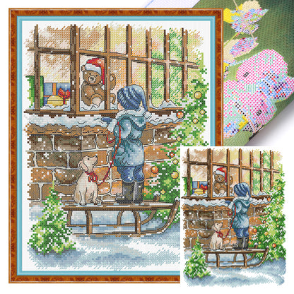 New Year'S Christmas Window Display - 14CT Stamped Cross Stitch 26*33CM(Joy Sunday)