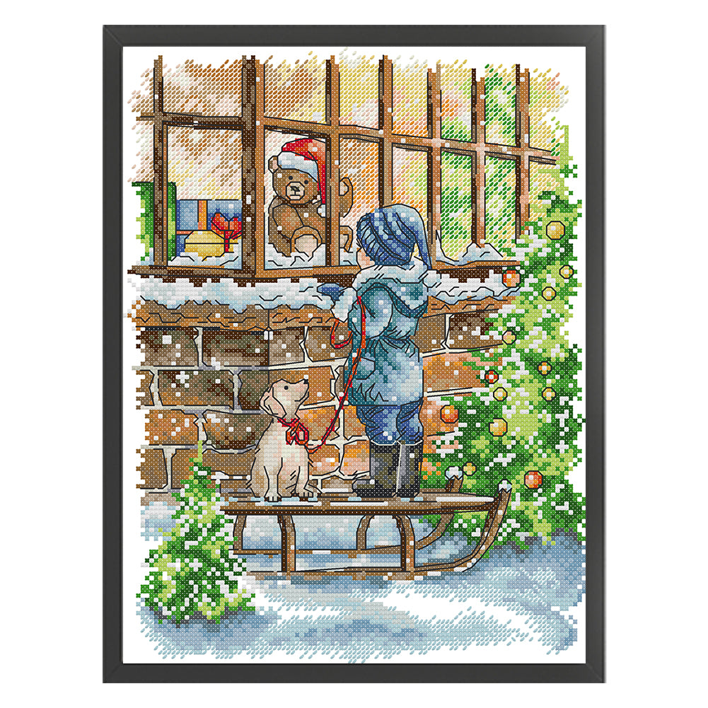 New Year'S Christmas Window Display - 14CT Stamped Cross Stitch 26*33CM(Joy Sunday)