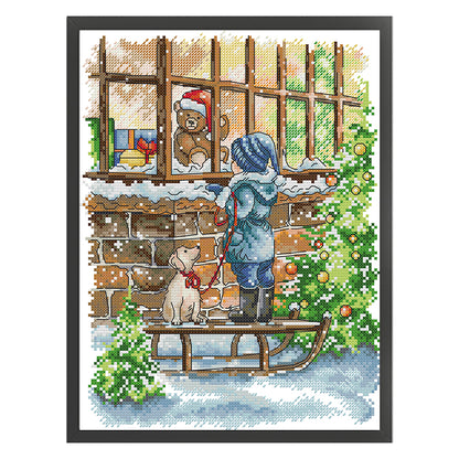 New Year'S Christmas Window Display - 14CT Stamped Cross Stitch 26*33CM(Joy Sunday)