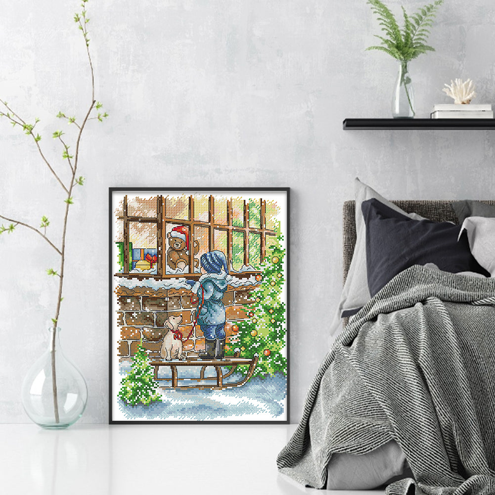 New Year'S Christmas Window Display - 14CT Stamped Cross Stitch 26*33CM(Joy Sunday)